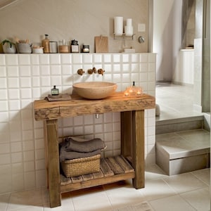Bathroom Rustic Vanity, Reclaimed Wood Solid Bathroom Vanity, Live Edge Farmhouse Rustic Wood Decor, Counter Top Wood Table