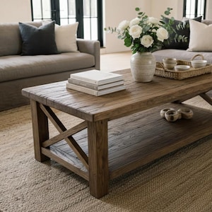 Rustic Wood Coffee Table,Large Coffee Table Reclaimed Wood, Unique Mid Century Top Live Edge Solid Rectangular Custom Farmhouse Wooden Table