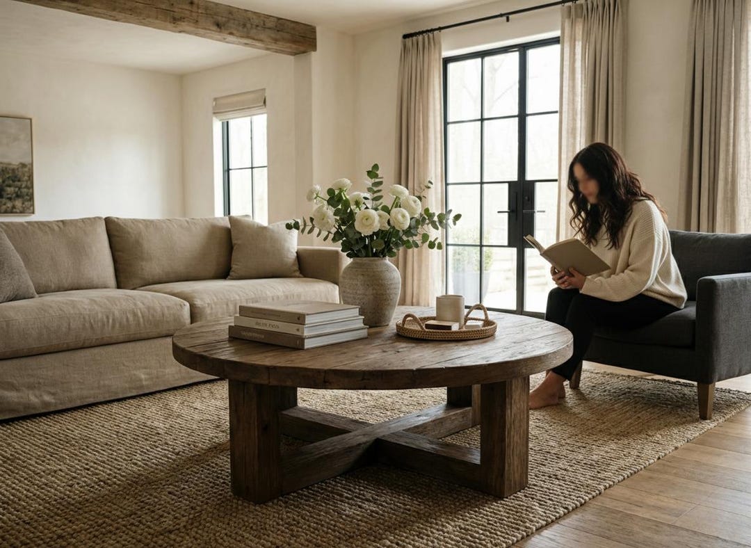 Rustic Round Coffee Table for Living Room, Handmade Chestnut Wood ...