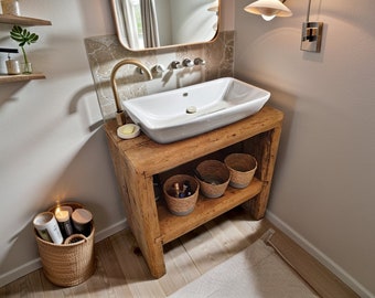 Bathroom Rustic Vanity, Reclaimed Wood Solid Bathroom Vanity, Live Edge Farmhouse Rustic Wood Decor, Counter Top Wood Table