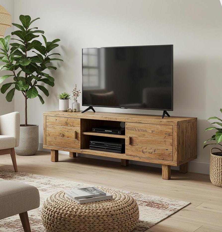 Rustic Solid Wood TV Stand with Storage & Barn Door