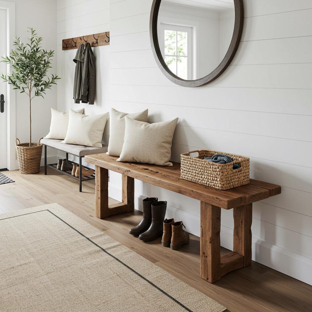 Handcrafted Entryway Bench, Rustic Reclaimed Wood Bench, Farmhouse