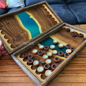 backgammon set/board epoxy resin river backgammon wood/wooden pieces handmade custom board game set Valentine&#39;s Day gift