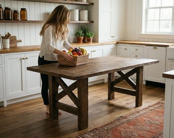 Reclaimed Wood Kitchen Island Rustic X-Frame Kitchen Island Counter Height Kitchen Table Farmhouse Kitchen Table with Storage Dining Surface