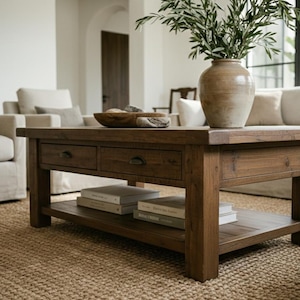 Peut inclure: Table basse rectangulaire en bois brun foncé avec deux tiroirs et une étagère inférieure. La table a une finition vieillie. Un grand vase avec de la verdure est posé dessus, ainsi qu'un bol en bois et des livres.