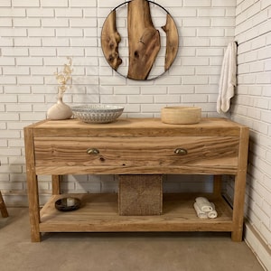 Mobiletto per il bagno in legno rustico fatto a mano con legno di recupero, lavabo per il bagno in legno personalizzato, mobiletto per il bagno con doppio lavabo fatto a mano con cassetto