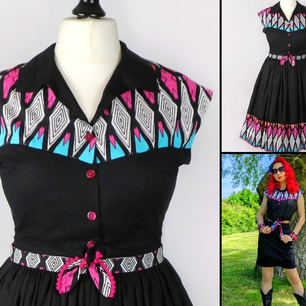 Rockabilly Shirt, Cropped Tie Waist Top, 1950s Patio Dress Separates, Crop Retro Blouse, Vintage Western Goth, Black/Pink/Turquoise/Orange