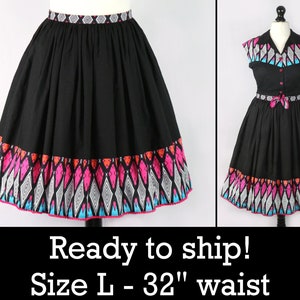 Size L Rockabilly Skirt, Retro Patio style, Gathered Midi Border Skirt, Pin-Up 1950s, Swing Dance, Black/Pink/Turquoise/Orange with Pockets