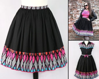 Rockabilly Skirt, Retro Patio style, Gathered Midi Border Skirt, Pin-Up 1950s, Swing Dancing, Black/Pink/Turquoise/Orange with Pockets!
