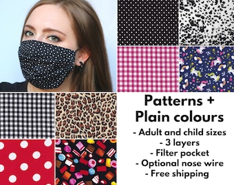 Pleated 3 Layer Face Mask, Nose Wire Filter Pocket, Cotton Polycotton, Patterns + Plain Colours, Adult + Child size, Comfy Elastic
