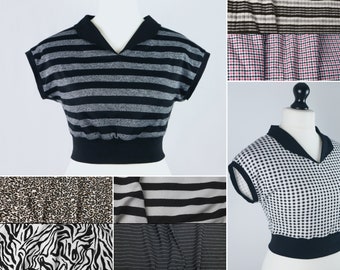 Top corto de los años 50, camisa retro con cuello de jersey estampado, suéter corto a rayas hecho a mano, camiseta con ribetes en estilo pin-up beatnik rockabilly de los años 70