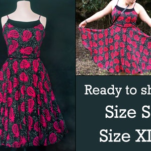 Size S, XL Retro Pineapple Dress– Pin Up Style Swing Circle Skirt | Neon Fruity Pom-Pom | Strappy Cami | Fully Lined | Black/Pink w/ Pockets