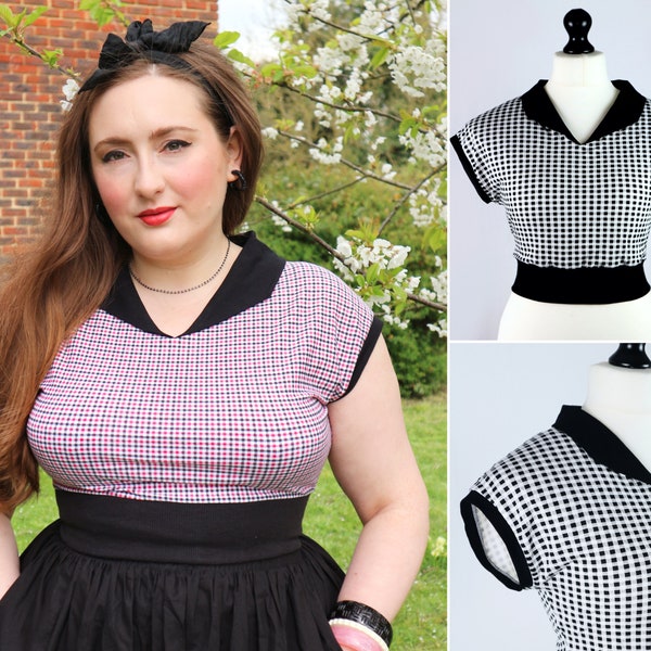 1950s Crop top in gingham, Vintage reproduction handmade tshirt, 50s collared shirt, 1940s style blouse, Retro rockabilly beatnik ringer tee