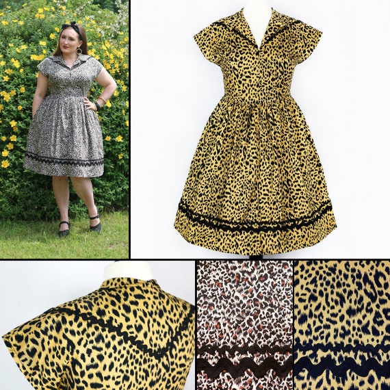 Patio dress in leopard print, Handmade rockabilly swing dress in a 50s pin up theme, Alternative wedding guest dress, custom fit and flare