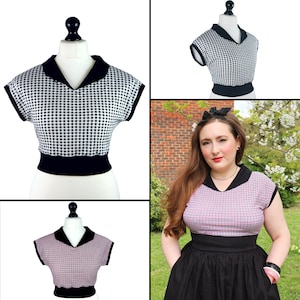 1950s Crop top in gingham, Vintage reproduction handmade tshirt, 50s collared shirt, 1940s style blouse, Retro rockabilly beatnik ringer tee
