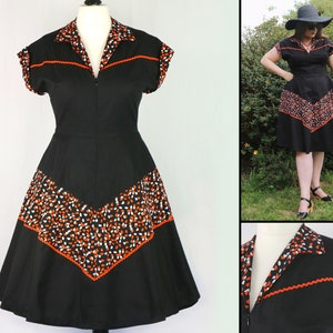Candy Corn Patio Dress, Retro Halloween Goth Rockabilly, Pin Up Vintage Diner Shirt A-Line Dress, Ric-Rac Trim in Black/Orange with Pockets!