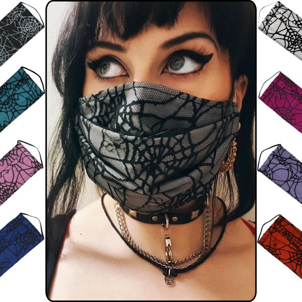 Spiderweb face mask, 3-4 layer nose wire, filter pocket, Halloween Goth Cobweb Lace, Cotton Polycotton, Adult + Child size, Comfy Elastic