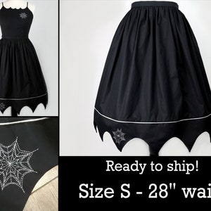 Size S Spiderweb Skirt, Retro Embroidered, Halloween Goth Pin Up Glitter, Vintage 1950s, Gathered Dirndl Midi, Black/Silver, with Pockets!