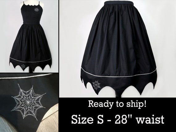 Size S Spiderweb Skirt Retro Embroidered Halloween Goth Pin up Glitter Vintage 1950s Gathered Dirndl Midi Black silver With Pockets Etsy