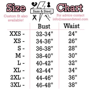 Puede incluir: Tabla de tallas para ropa con medidas en pulgadas. La tabla muestra tallas desde XXS hasta 3XL con las medidas de busto y cintura correspondientes.