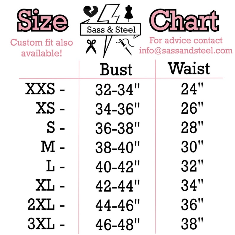 Puede incluir: Tabla de tallas para ropa con medidas en pulgadas. La tabla muestra tallas desde XXS hasta 3XL con las medidas de busto y cintura correspondientes.