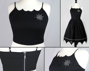 Camisola corta de telaraña, estilo gótico retro de Halloween, corte bustier/vestuario, top de tirantes estilo pin-up, bordado con brillantina, sujetador largo vintage en negro/plata.