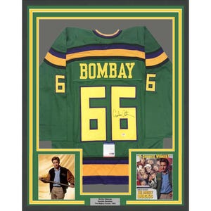 Framed Autographed/Signed Emilio Estevez Gordon Bombay 35x39 The Mighty Ducks Green Hockey Jersey PSA/DNA COA