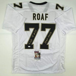 Autographed/Signed Willie Roaf HOF 2012 New Orleans White Football Jersey JSA COA
