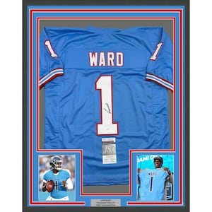 Framed Autographed/Signed Cameron Cam Ward 35x39 Tennessee Retro Light Blue Football Jersey JSA COA