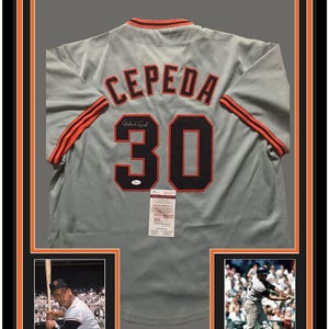 Framed Autographed/Signed Orlando Cepeda 35x39 San Francisco Grey Baseball Jersey JSA COA