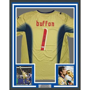 Framed Autographed/Signed Gianluigi Buffon 35x39 Italy Gold Soccer Futbol Jersey Beckett BAS COA