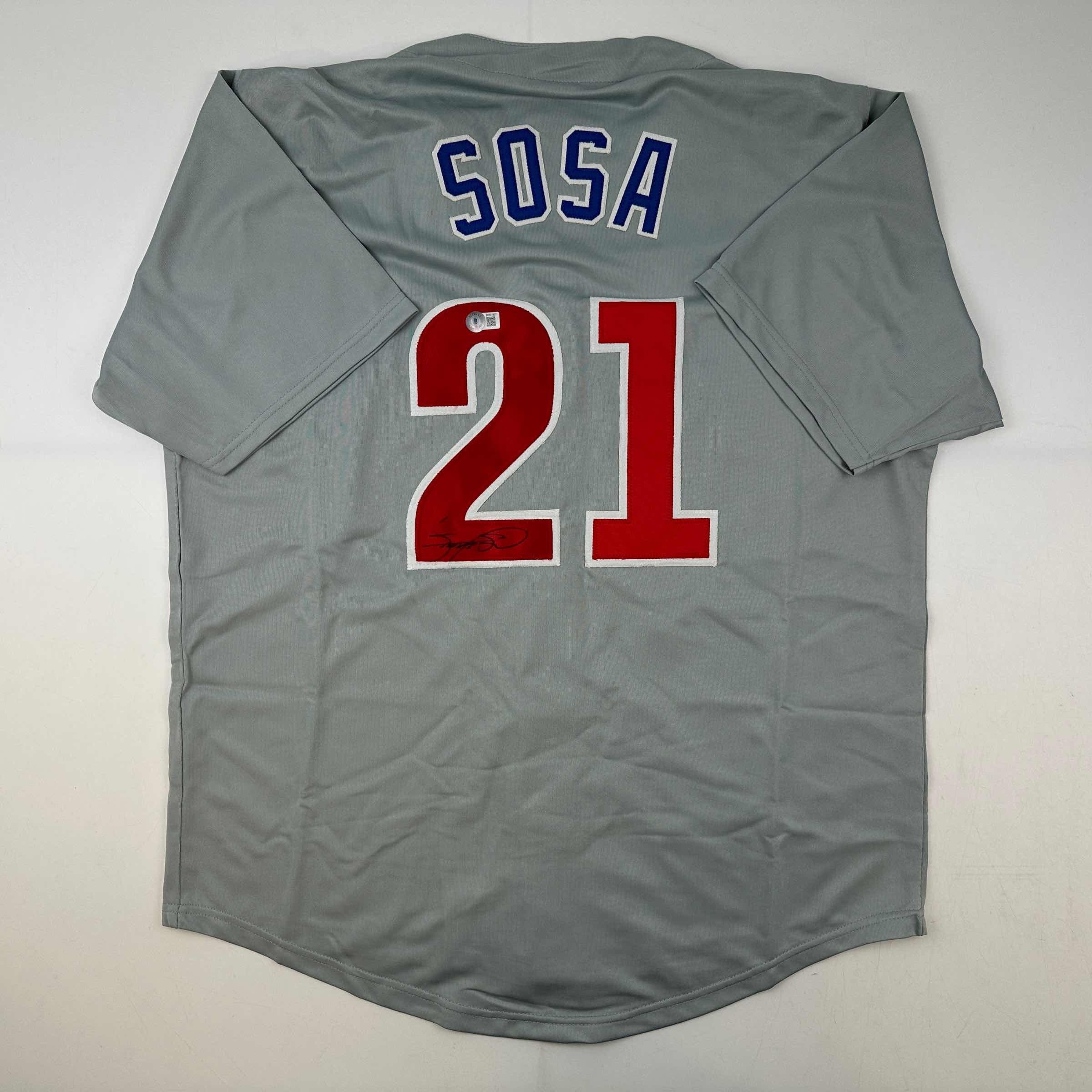 Men's Majestic Chicago Cubs #21 Sammy Sosa Authentic Blue/White Strip  Cooperstown Throwback MLB Jersey