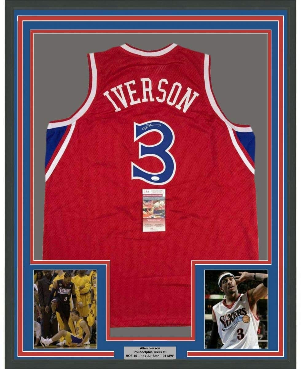 Framed Autographed/Signed Allen Iverson 33x42 Philadelphia Black Basketball  Jersey JSA COA