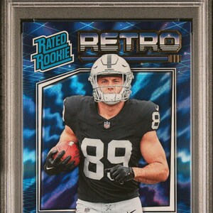 Graded 2024 Panini Donruss Brock Bowers #9 Rated Rookies Retro Rookie RC Football Card PSA 10 Gem Mint