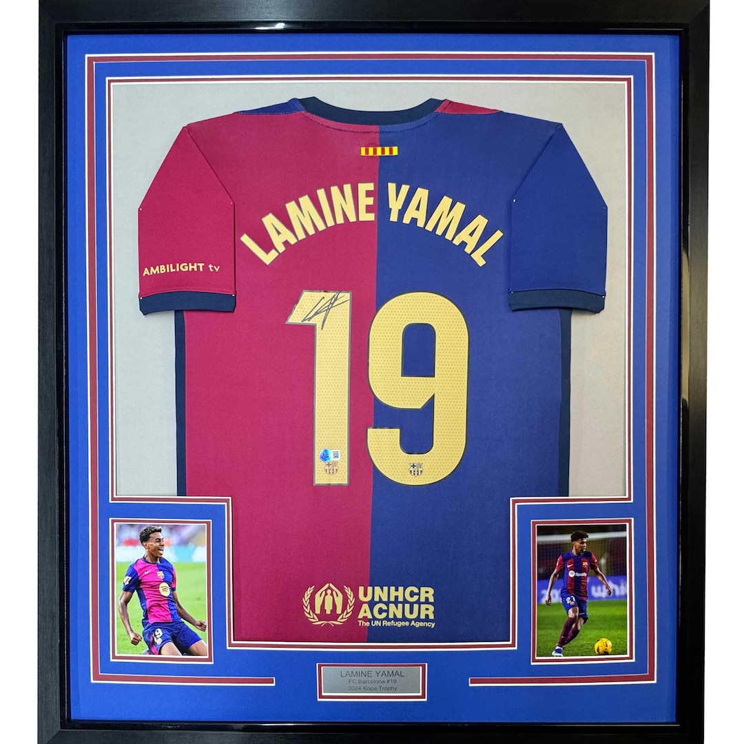 Framed Autographed/signed Lamine Yamal 35x39 FC Barcelona Blue