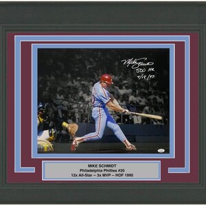 Framed Autographed/Signed Mike Schmidt 500th HR Inscribed Philadelphia Phillies 16x20 Baseball Photo JSA COA