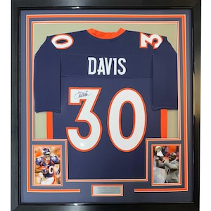 Framed Autographed/Signed Terrell Davis 35x39 Denver Blue Football Jersey Beckett BAS COA