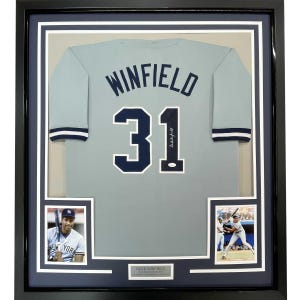 Framed Autographed/Signed Dave Winfield 35x39 New York Grey Baseball Jersey JSA COA
