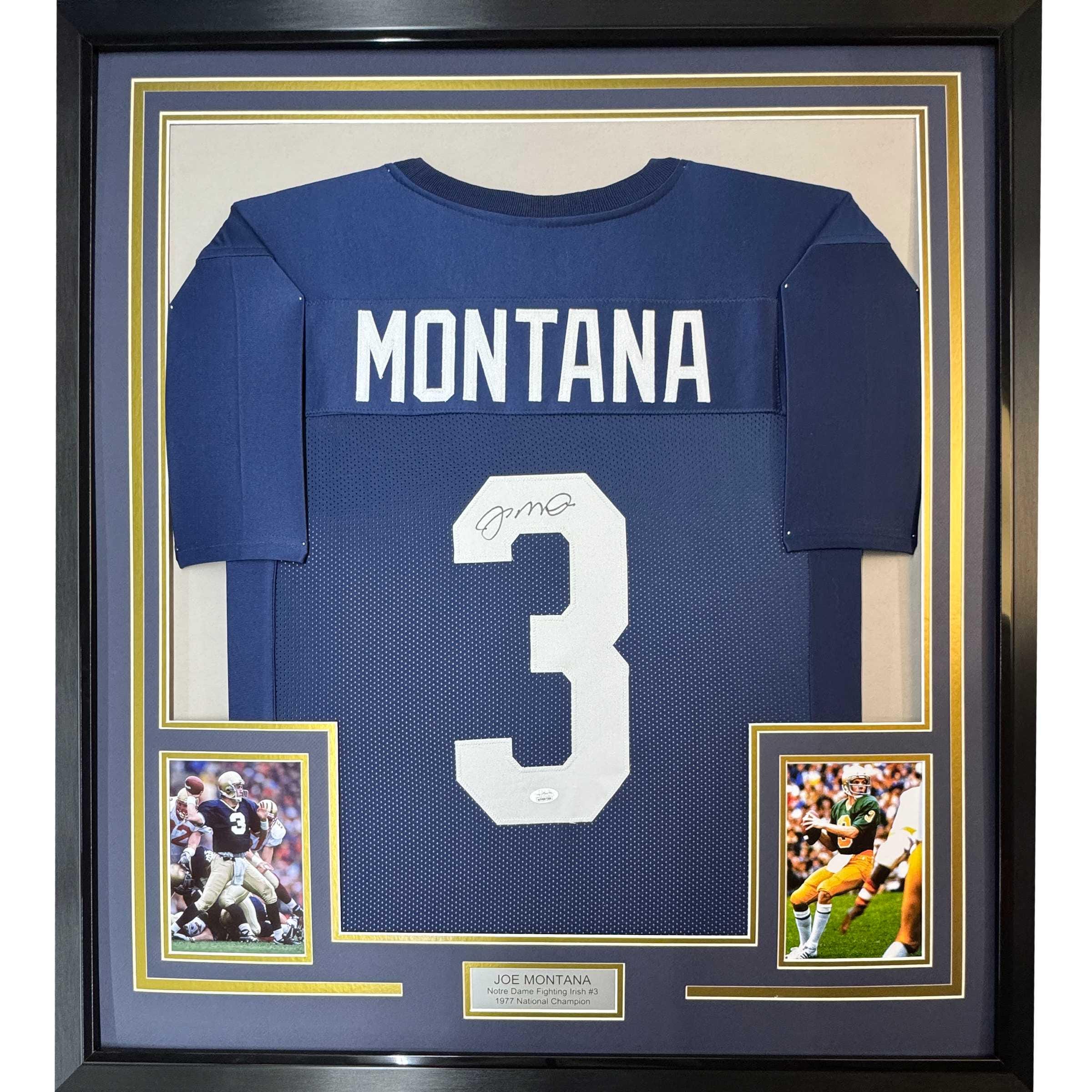 Framed Autographed/signed Joe Montana 35x39 Notre Dame Blue