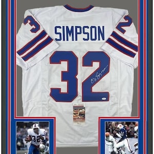 Framed Autographed/Signed OJ O.J. Simpson 35x39 Buffalo White Football Jersey JSA COA