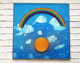 String Art Rainbow in the sky | Ukrainian wall hanging | Colorful rainbow wall hanging | LGBT wall decor | Sun shine wall art | Cloud string