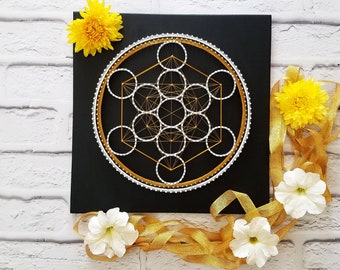 Metatron's Cube Wall art | Sacred string geometry | Metatron Cube Decor | Gold Mandala wall art | Namaste Decor | White Gold Yoga Art