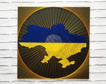 String Art Sunrise over Ukraine | Sun shine wall art | Ukraine Symbols art | Map of Ukraine wall | Sacred string geometry | Flag of Ukraine