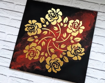 Metal wall art Gold Roses | Metal flower Hangings | Red Black Roses Wall decor | Gold Floral metal art | Sacred metal geometry | Metal Roses