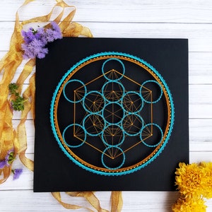 Metatron’s Cube String Art | Black and Turquoise Mandala with Gold Accents