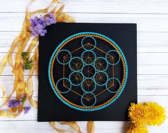 Metatron's Cube Wall art | Sacred string geometry | Metatron Cube Decor | Black Turquoise Mandala | Gold Turquoise Wall art | Namaste Decor