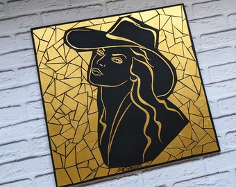 Woman in hat Metal Art | Abstract Woman Face Art | Black and Gold metal geometry | Minimalist Female Face art | Black Gold Face wall decor