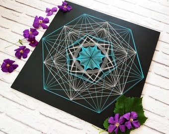 String Art Crystal shine | Geometric symbols decor | Sacred string geometry | Turquoise hexagon wall art | Yoga studio wall hanging