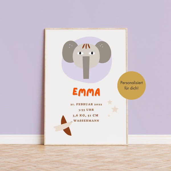 Geburtsposter personalisiert / Geburtstafel Baby / Geburt Poster / Geburtsposter Mädchen / Tierbild zur Geburt / Geschenk Geburt / Elefant