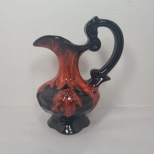 VTG Canadian Pottery Evangeline Pitcher Jug Drip Glaze Orange Brown Black MCM